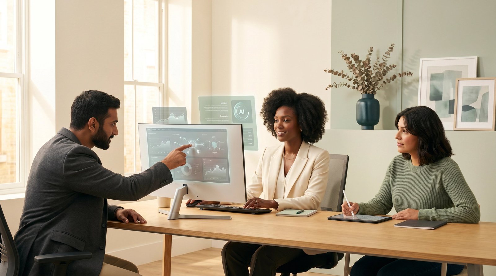 A manager walking two early career colleagues through an analytics dashboard in a bright office