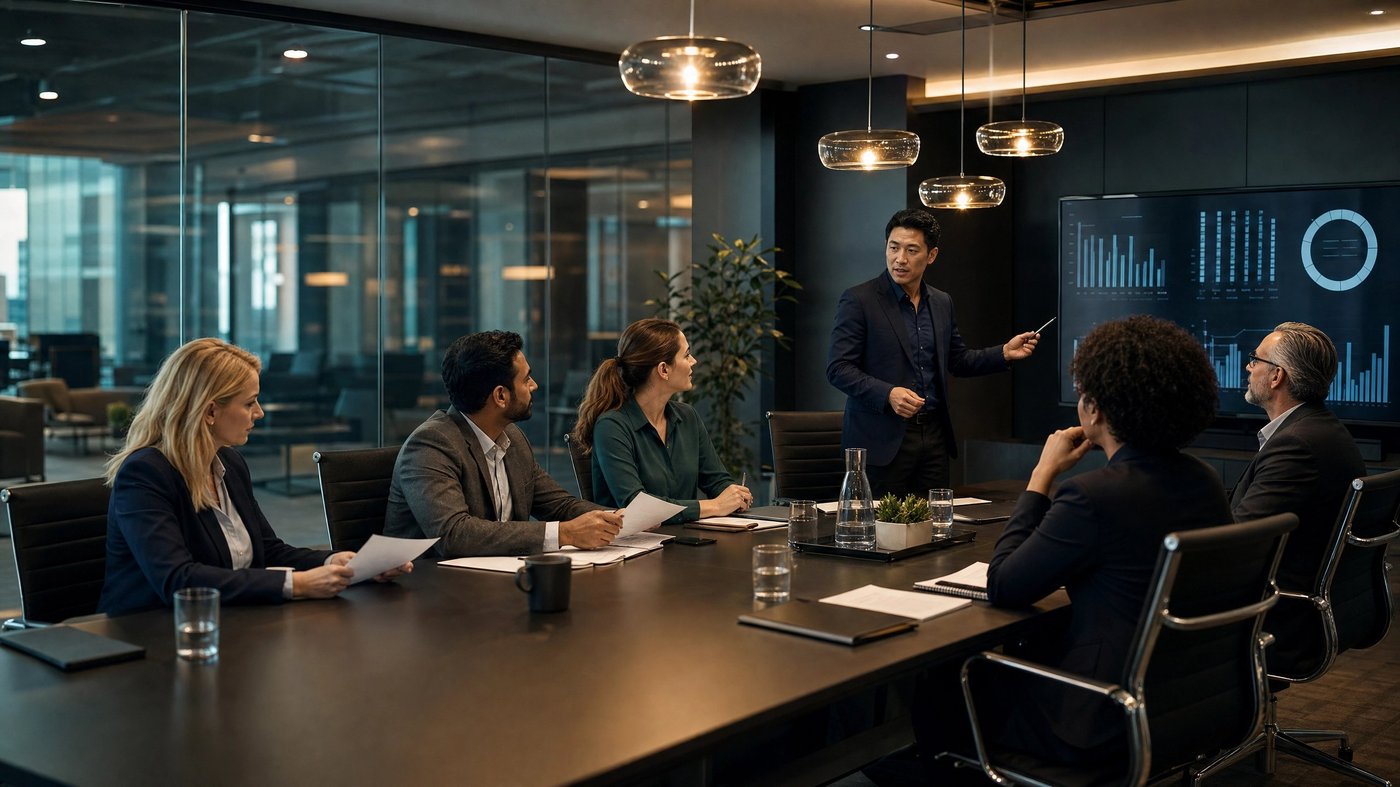 A team reviewing data dashboards in a modern conference room