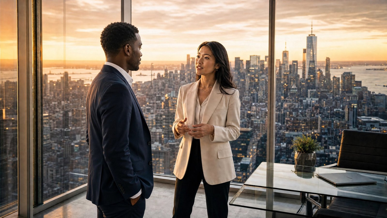 Two professionals in conversation in a high-rise office with the New York City skyline at sunset behind them