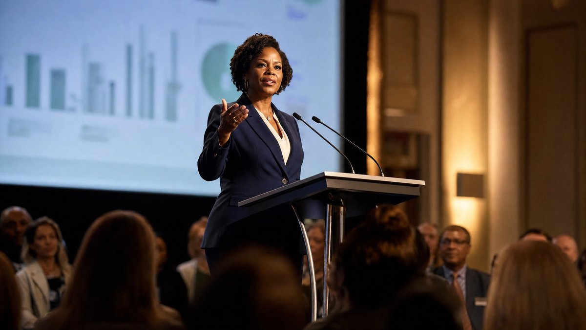 A professional speaker presenting from a podium to an audience