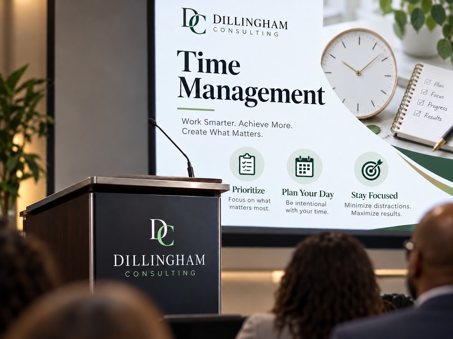 A Dillingham Consulting podium in front of a Time Management presentation slide, with the audience in the foreground